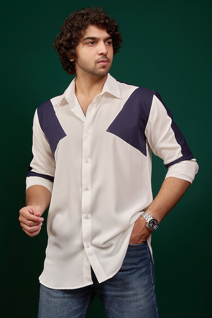 White & Navy Blue Pure German Crepe Party Wear Shirt by Menero at Pernia's Pop Up Shop