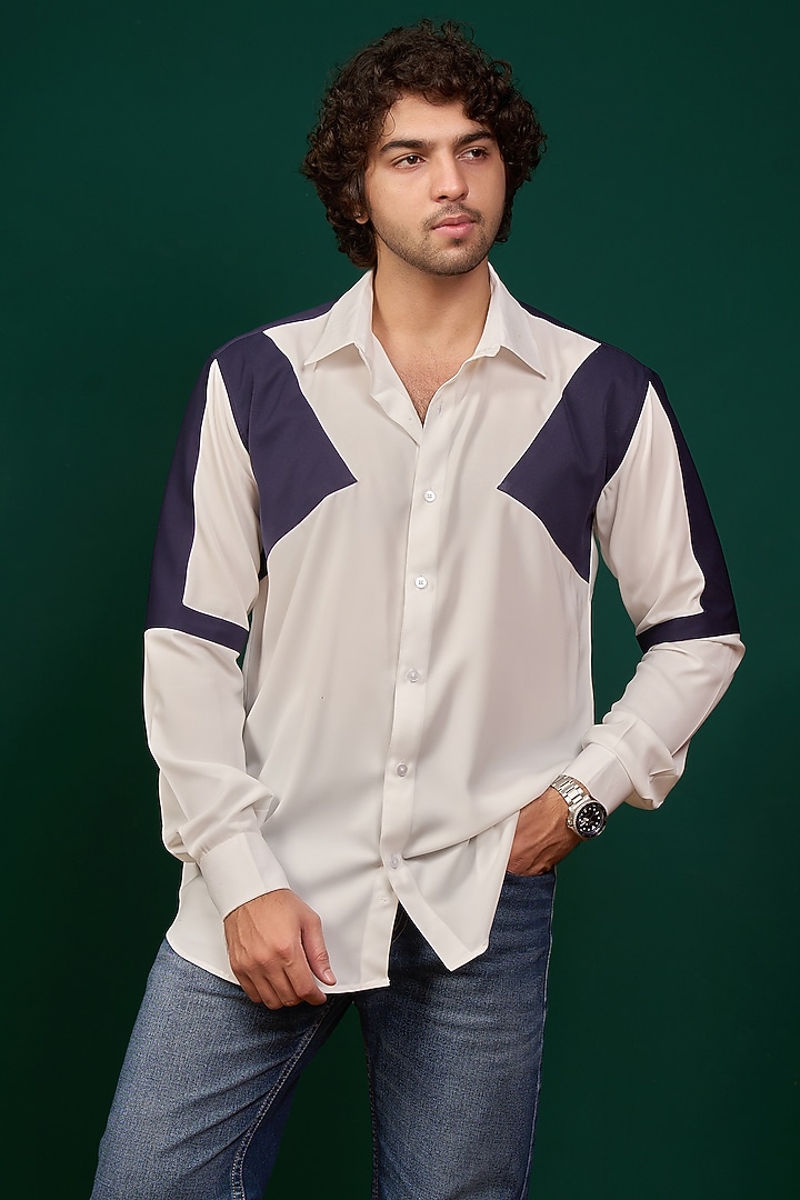 White & Navy Blue Pure German Crepe Party Wear Shirt by Menero at Pernia's Pop Up Shop