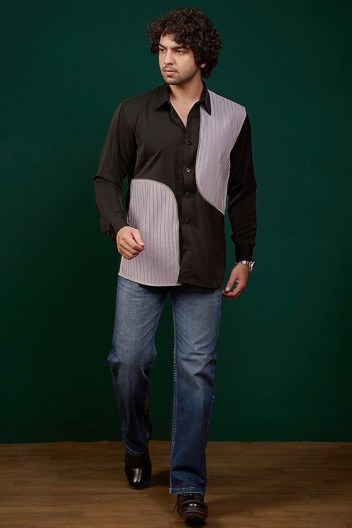 Black & Grey Pure German Crepe Party Wear Shirt by Menero at Pernia's Pop Up Shop
