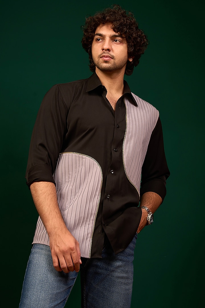 Black & Grey Pure German Crepe Party Wear Shirt by Menero at Pernia's Pop Up Shop