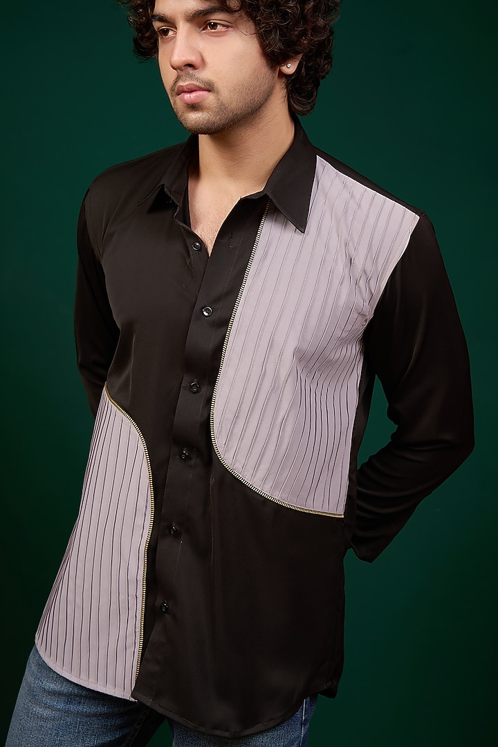 Black & Grey Pure German Crepe Party Wear Shirt by Menero at Pernia's Pop Up Shop