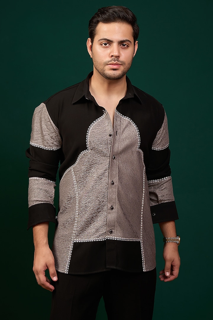 Black & Grey Pure German Crepe Thread Embroidered Party Wear Shirt by Menero at Pernia's Pop Up Shop