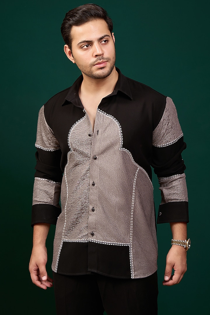 Black & Grey Pure German Crepe Thread Embroidered Party Wear Shirt by Menero at Pernia's Pop Up Shop