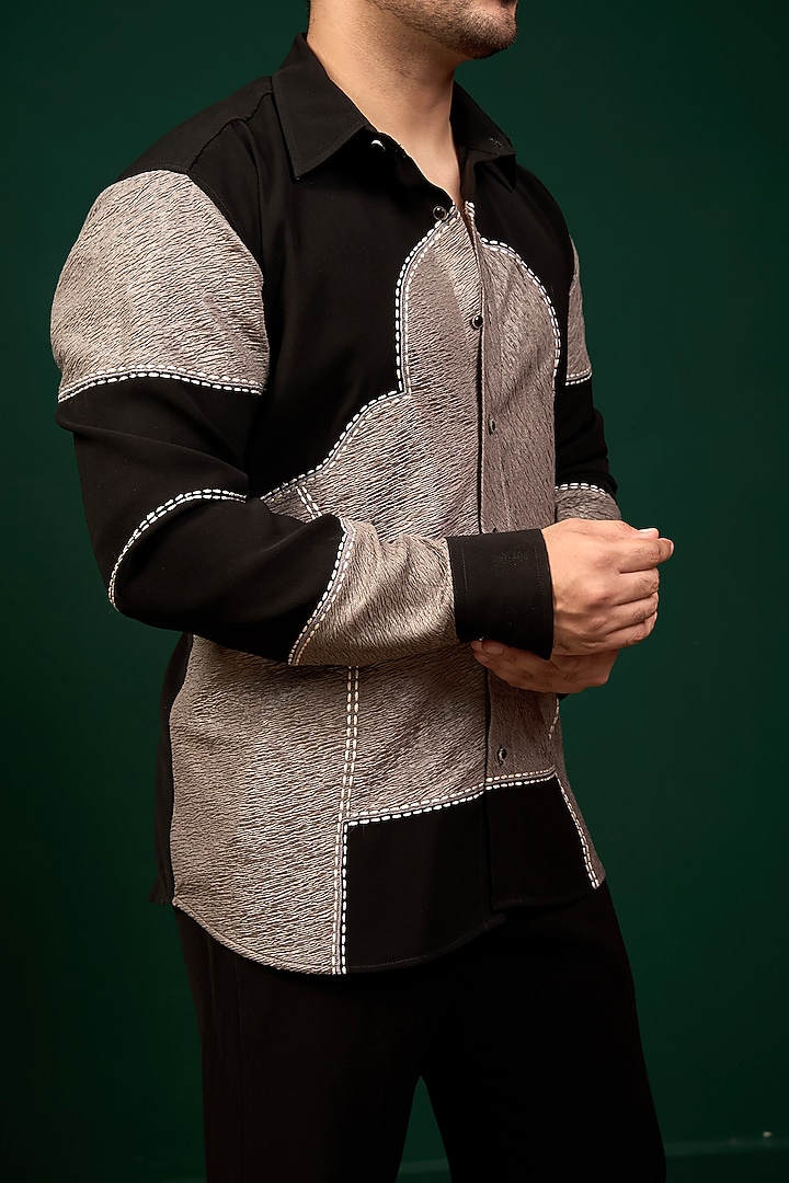 Black & Grey Pure German Crepe Thread Embroidered Party Wear Shirt by Menero at Pernia's Pop Up Shop