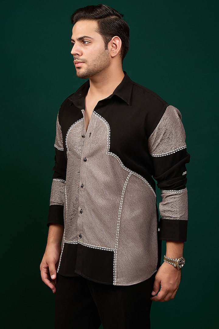 Black & Grey Pure German Crepe Thread Embroidered Party Wear Shirt by Menero at Pernia's Pop Up Shop