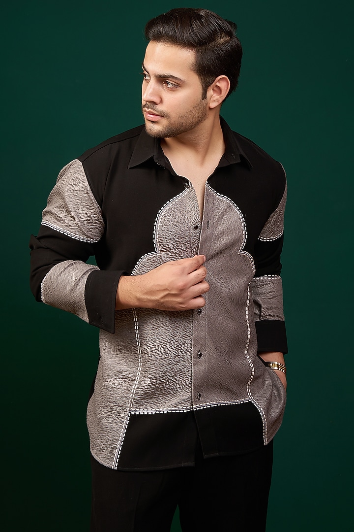 Black & Grey Pure German Crepe Thread Embroidered Party Wear Shirt by Menero at Pernia's Pop Up Shop