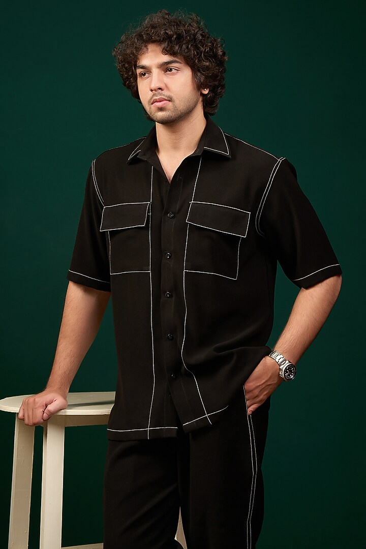 Black Pure Crepe Lycra Thread Work Co-Ord Set by Menero at Pernia's Pop Up Shop
