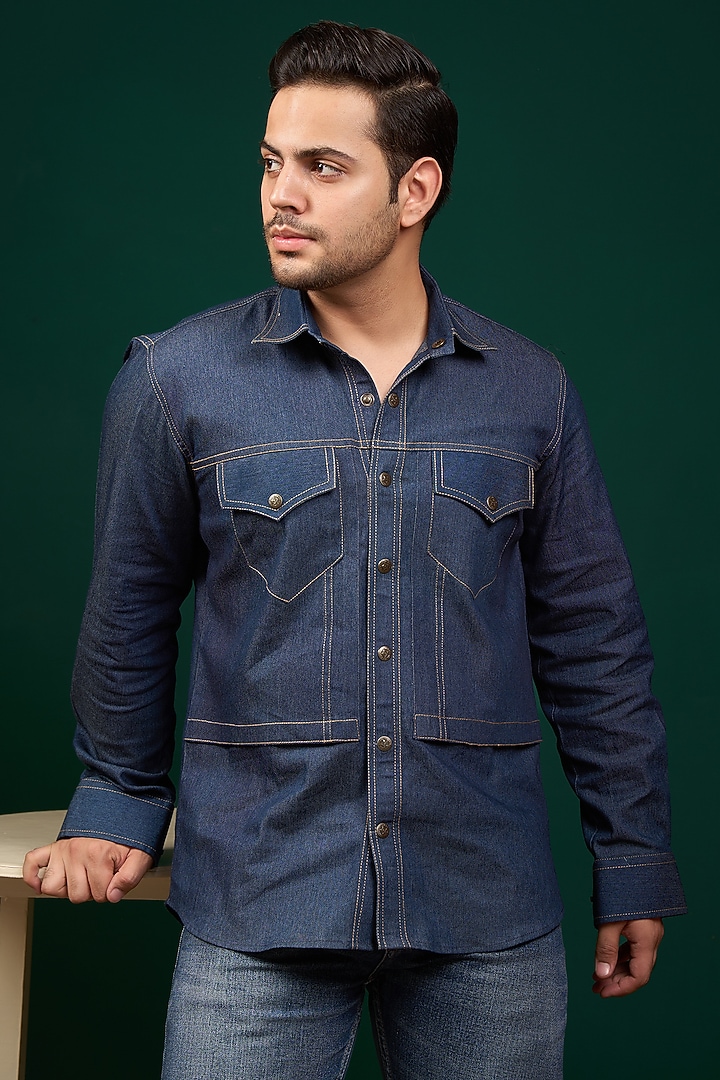 Dark Blue Pure Denim Cotton Thread Work Party Wear Shirt by Menero at Pernia's Pop Up Shop