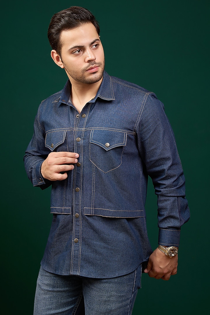 Dark Blue Pure Denim Cotton Thread Work Party Wear Shirt by Menero at Pernia's Pop Up Shop