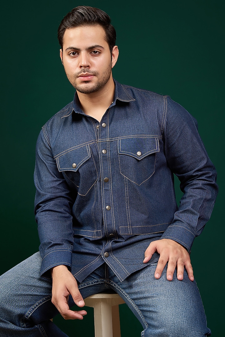 Dark Blue Pure Denim Cotton Thread Work Party Wear Shirt by Menero at Pernia's Pop Up Shop
