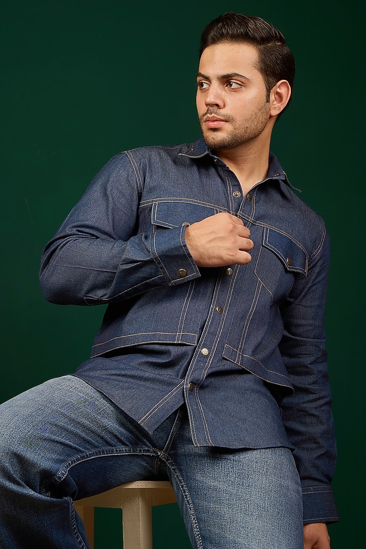 Dark Blue Pure Denim Cotton Thread Work Party Wear Shirt by Menero at Pernia's Pop Up Shop