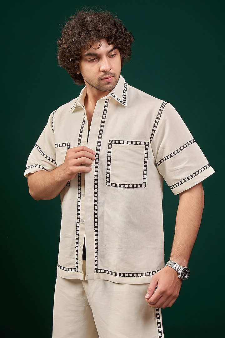 Off-White Cotton Linen Thread Embroidered Co-Ord Set by Menero at Pernia's Pop Up Shop