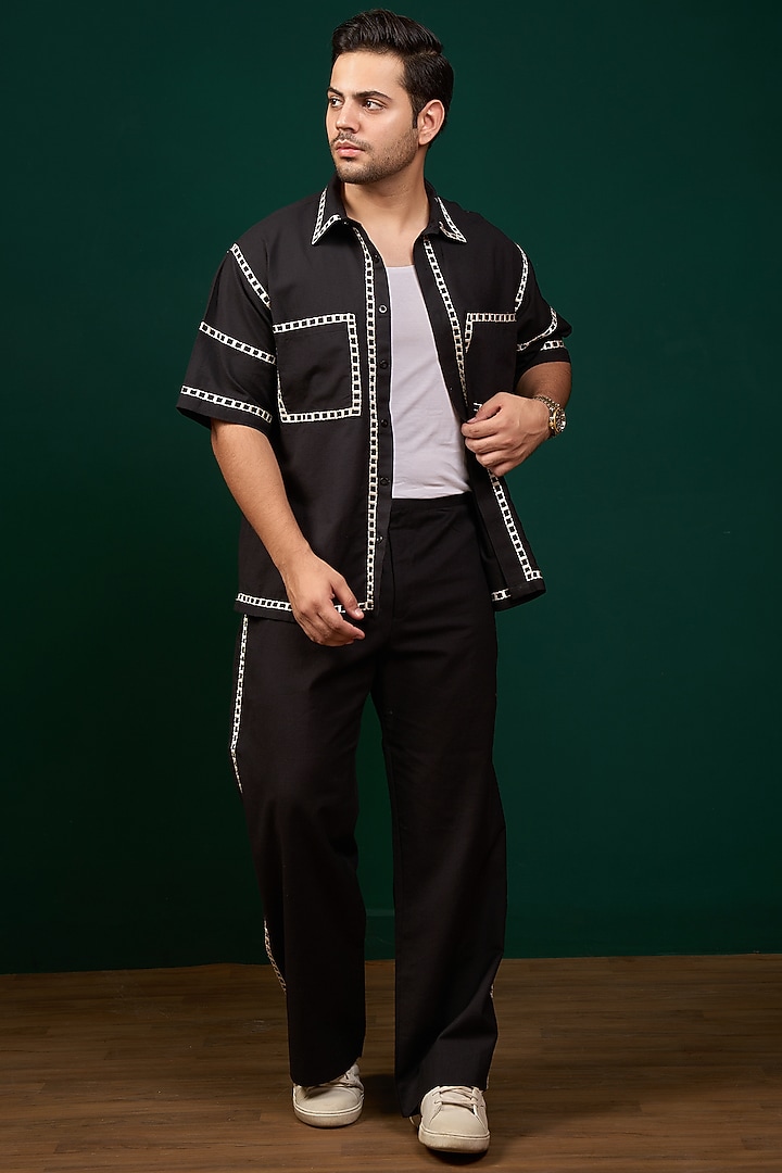Black Pure Cotton Linen Thread Embroidered Co-Ord Set by Menero at Pernia's Pop Up Shop