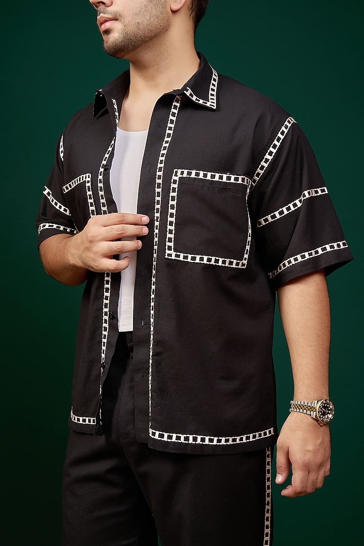 Black Pure Cotton Linen Thread Embroidered Co-Ord Set by Menero at Pernia's Pop Up Shop