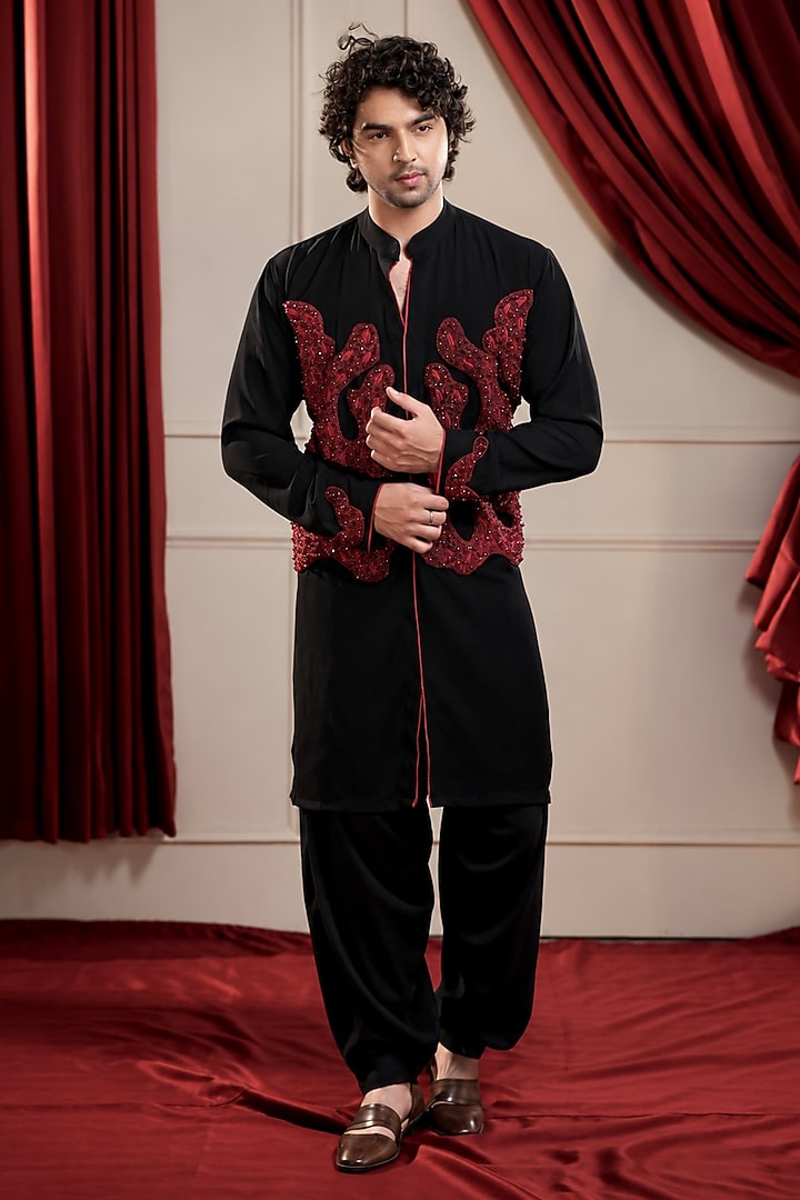 Black Japanese Crepe & Cotton Rayon Bead Embroidered Kurta Set by Menero at Pernia's Pop Up Shop