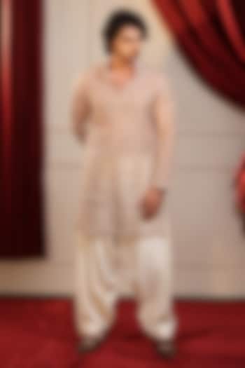 Champagne Pure Organza Machine Embroidered Kurta Set by Menero at Pernia's Pop Up Shop