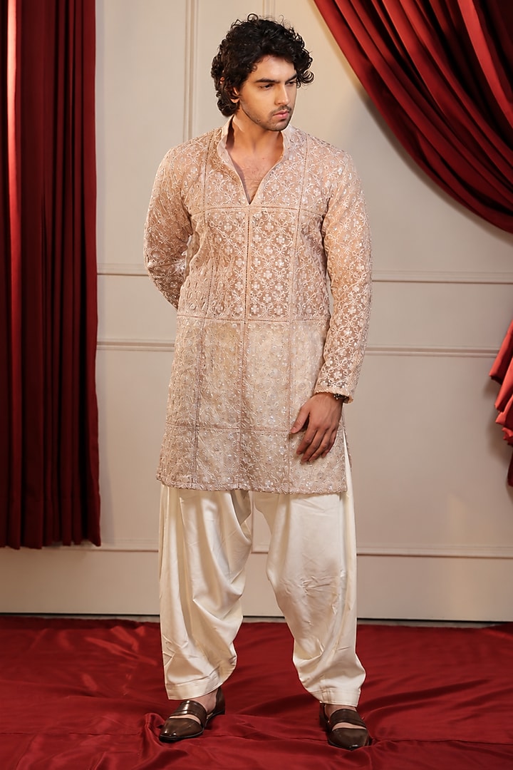 Champagne Pure Organza Machine Embroidered Kurta Set by Menero at Pernia's Pop Up Shop