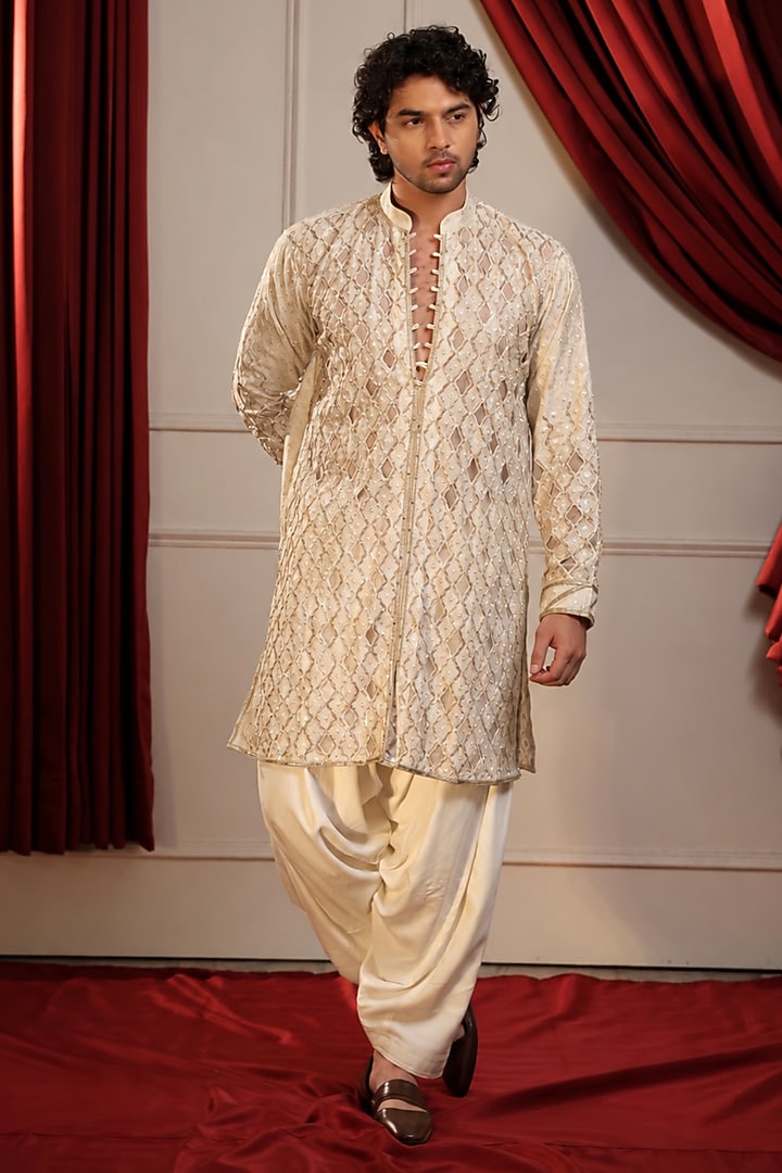 Cream Pure Chanderi Silk Embroidered Kurta Set by Menero at Pernia's Pop Up Shop