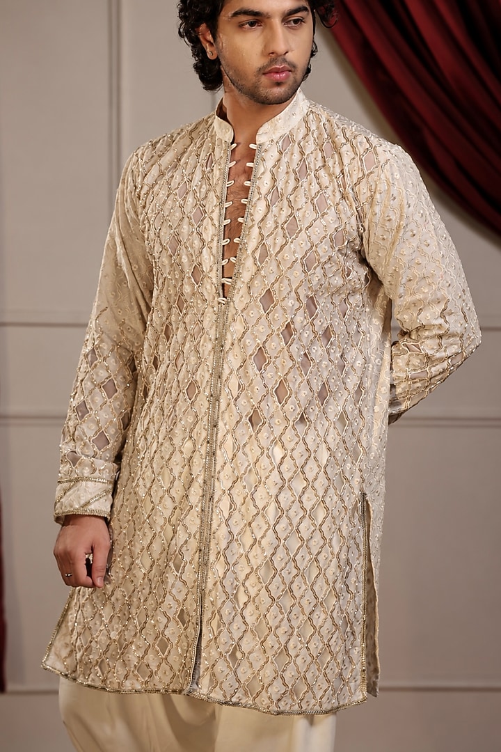 Cream Pure Chanderi Silk Embroidered Kurta Set by Menero at Pernia's Pop Up Shop