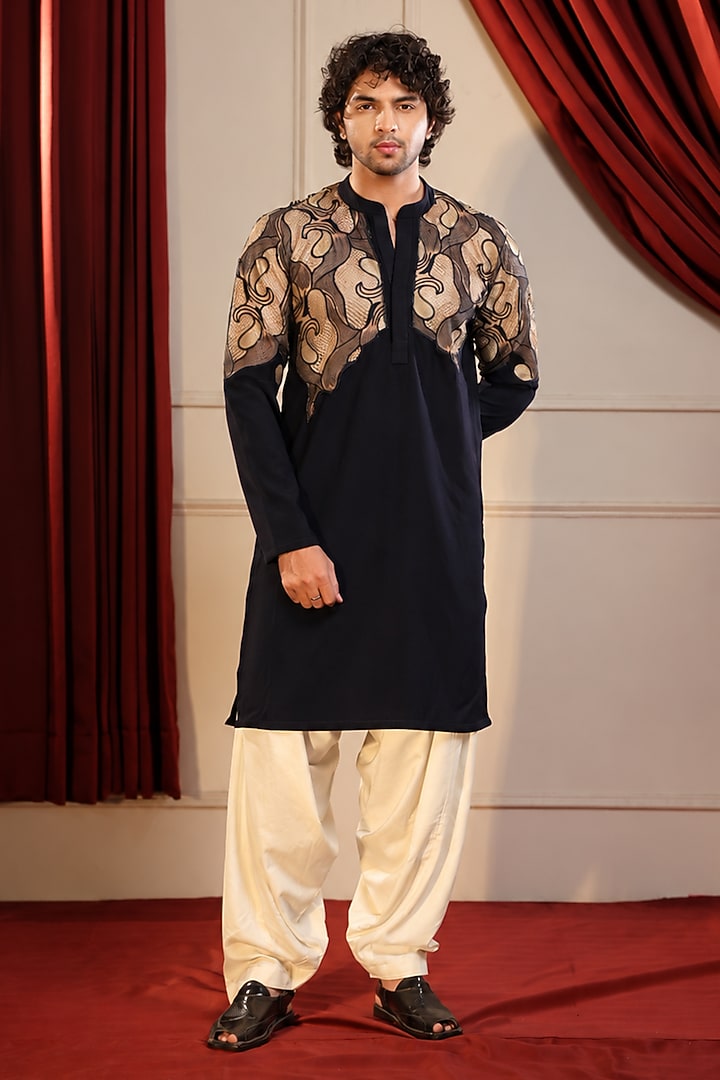 Navy Blue Pure Japanese Crepe Lycra Kurta Set by Menero at Pernia's Pop Up Shop