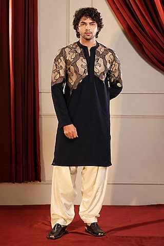 Navy Blue Pure Japanese Crepe Lycra Kurta Set by menero