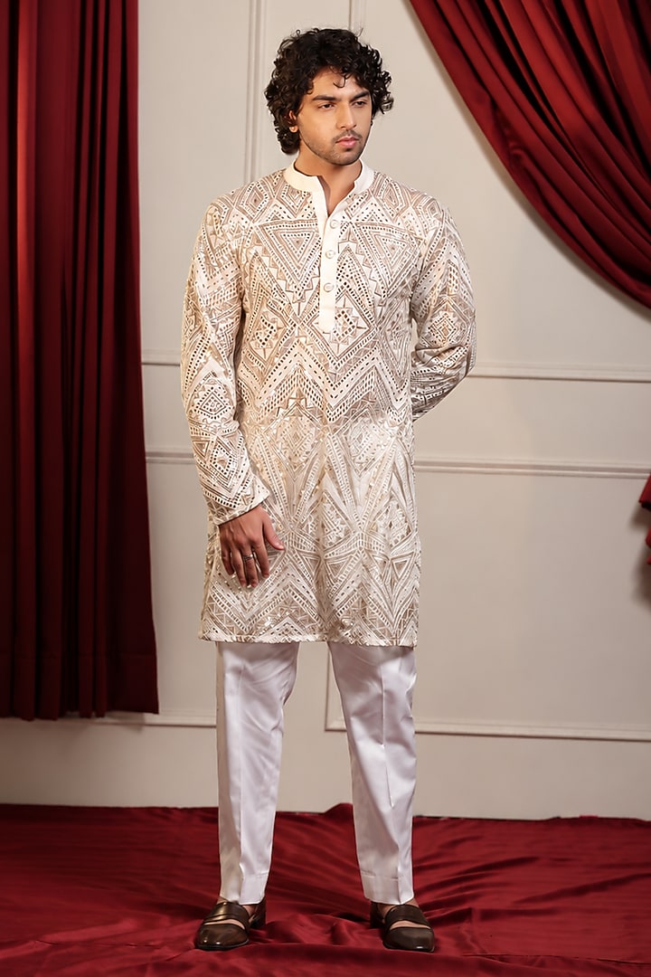 White Cotton & Cotton Rayon Kurta Set by Menero at Pernia's Pop Up Shop