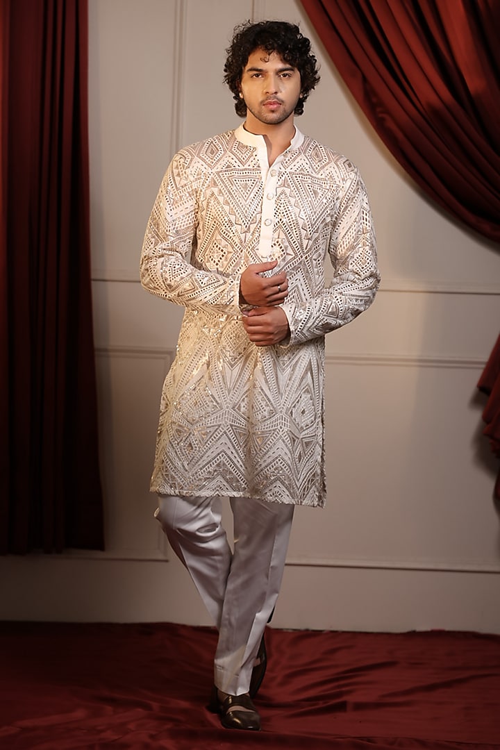 White Cotton & Cotton Rayon Kurta Set by Menero at Pernia's Pop Up Shop