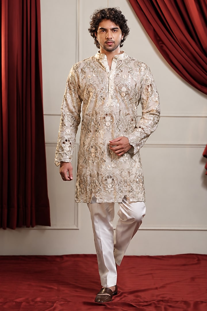 Off-White Pure Georgette Sequins Embroidered Kurta Set by Menero at Pernia's Pop Up Shop
