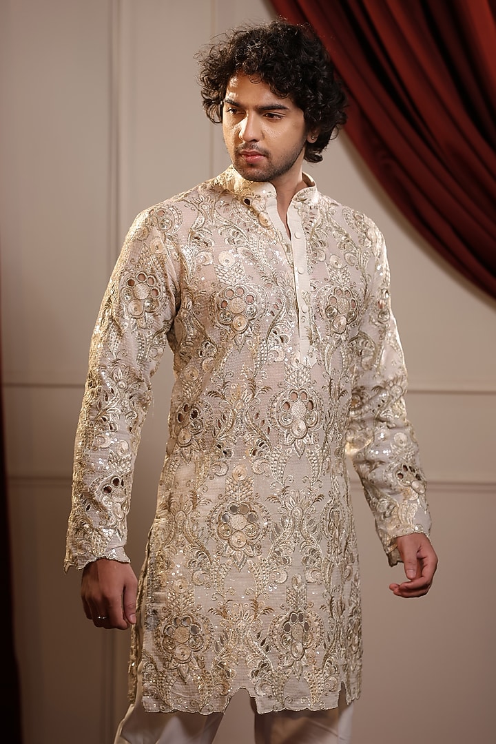 Off-White Pure Georgette Sequins Embroidered Kurta Set by Menero at Pernia's Pop Up Shop