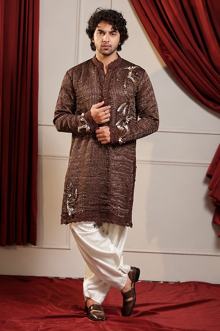 Cola Brown Pure Chanderi Silk Hand Embroidered Kurta Set by Menero at Pernia's Pop Up Shop