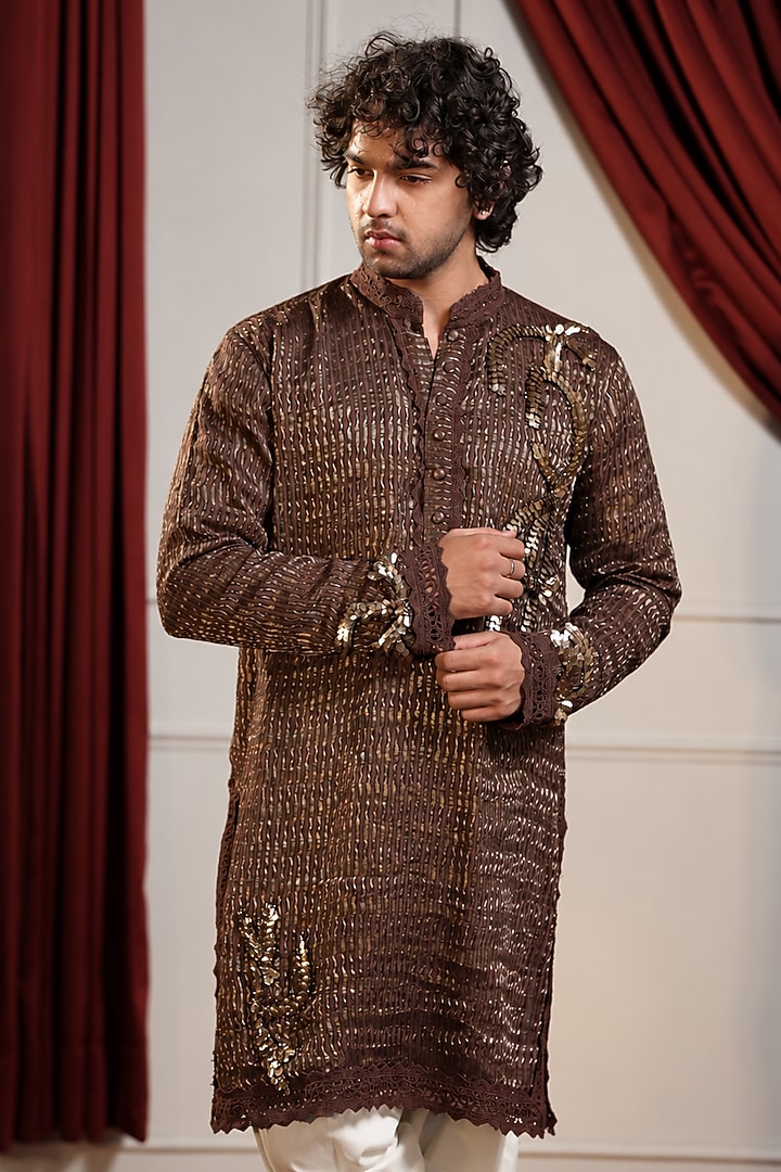 Cola Brown Pure Chanderi Silk Hand Embroidered Kurta Set by Menero at Pernia's Pop Up Shop
