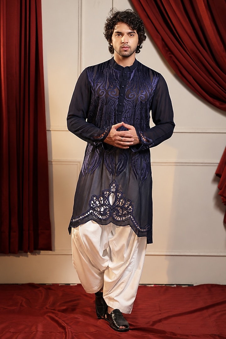 Navy Blue Pure Georgette Machine Embroidered Kurta Set by Menero at Pernia's Pop Up Shop