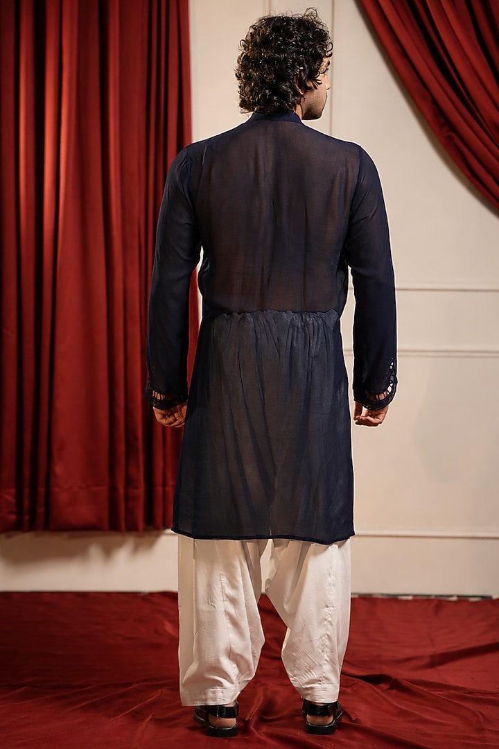 Navy Blue Pure Georgette Machine Embroidered Kurta Set by Menero at Pernia's Pop Up Shop