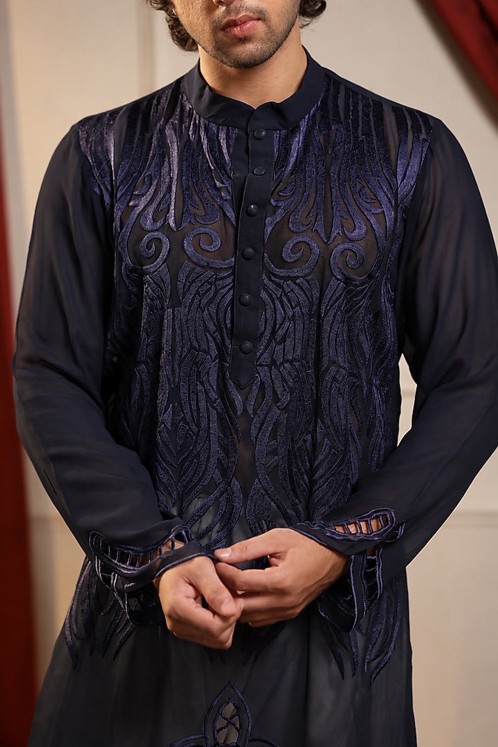 Navy Blue Pure Georgette Machine Embroidered Kurta Set by Menero at Pernia's Pop Up Shop
