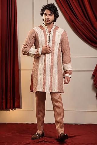Peachish Beige Chanderi Silk & Chanderi Cotton Kurta Set by Menero