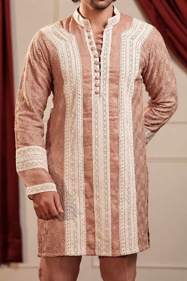 Peachish Beige Chanderi Silk & Chanderi Cotton Kurta Set by Menero at Pernia's Pop Up Shop