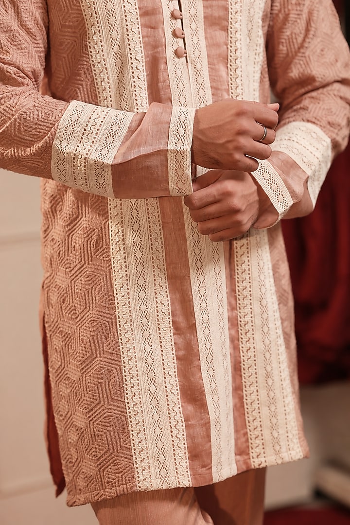 Peachish Beige Chanderi Silk & Chanderi Cotton Kurta Set by Menero at Pernia's Pop Up Shop