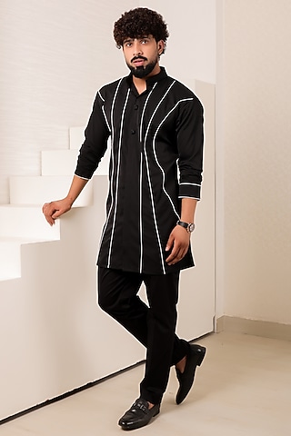 Black Pure Crepe Kurta Set by Menero