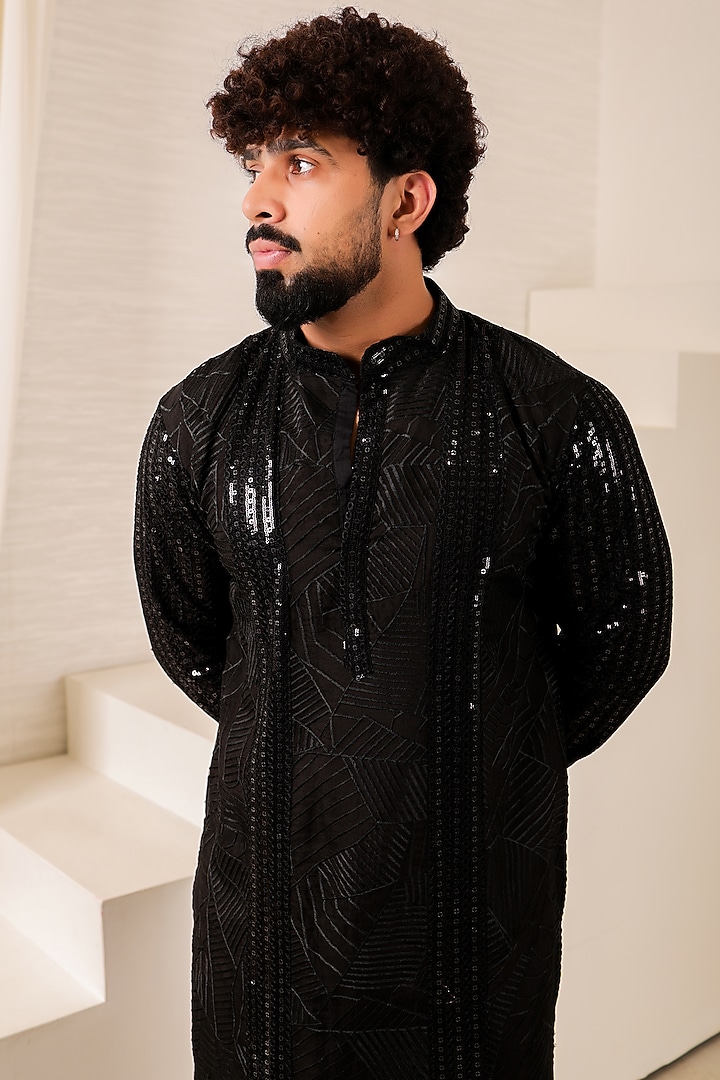 Black Chanderi Silk Sequin Lace Paneled Kurta Set by Menero at Pernia's Pop Up Shop