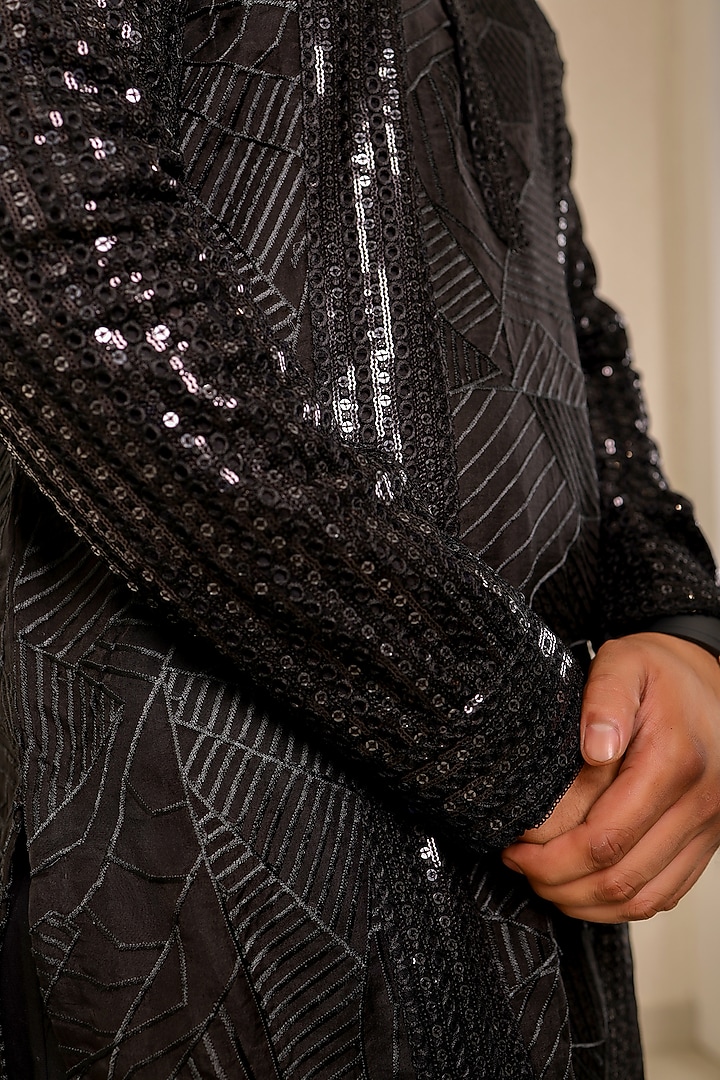 Black Chanderi Silk Sequin Lace Paneled Kurta Set by Menero at Pernia's Pop Up Shop