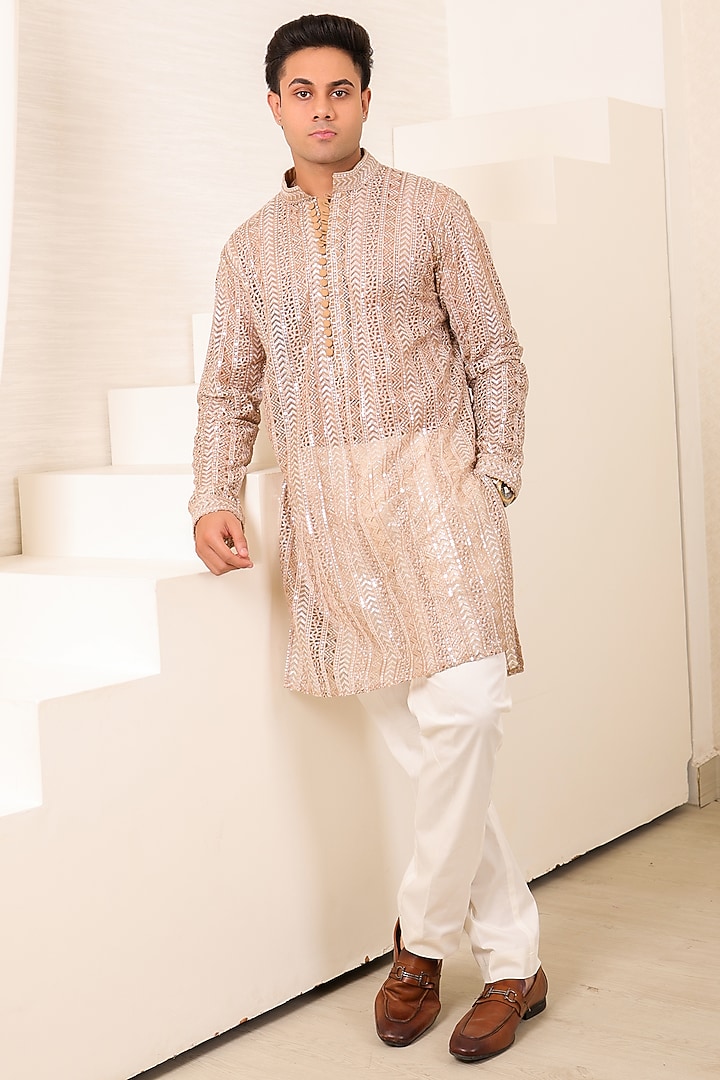 Champagne Silk Cutwork Embroidered Kurta Set by Menero at Pernia's Pop Up Shop