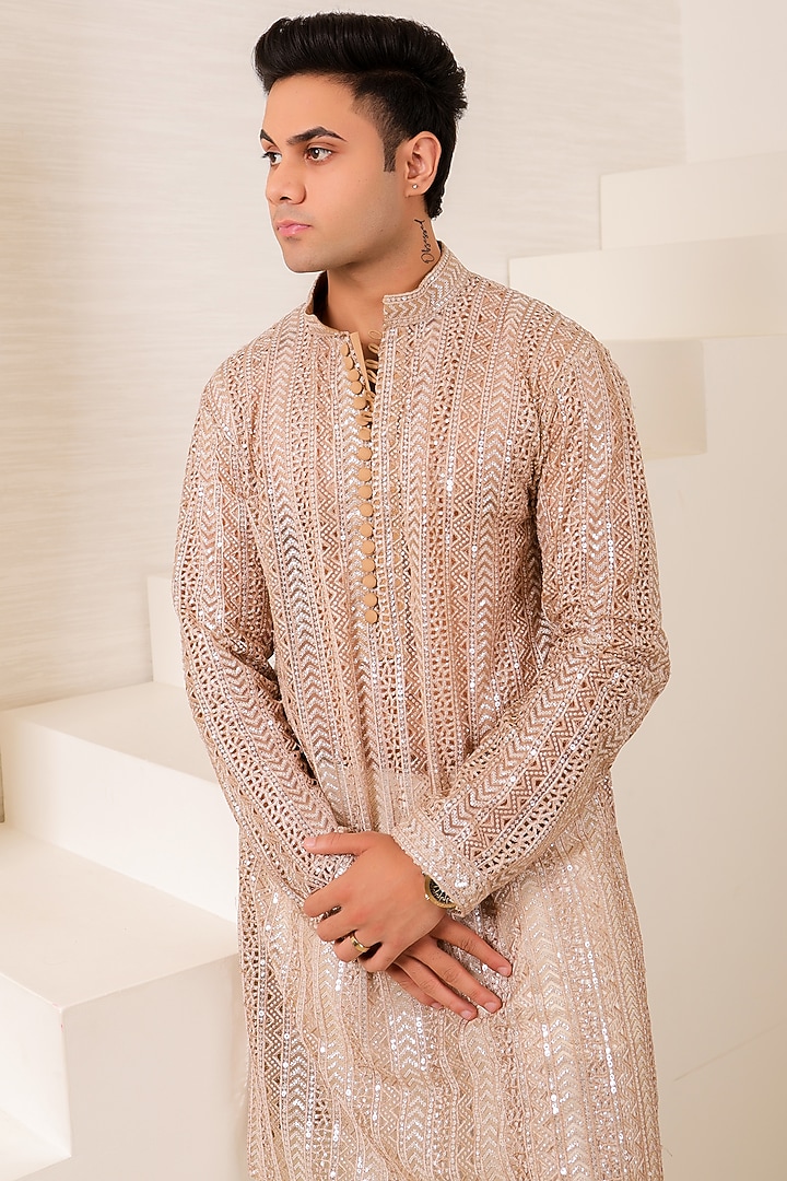 Champagne Silk Cutwork Embroidered Kurta Set by Menero at Pernia's Pop Up Shop