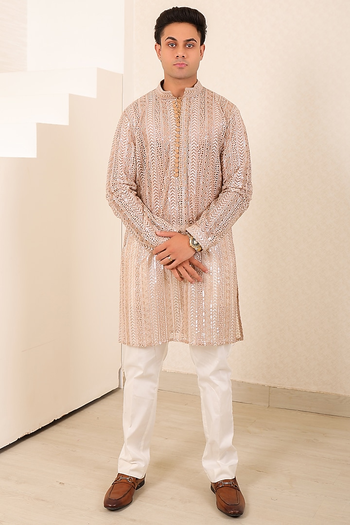Champagne Silk Cutwork Embroidered Kurta Set by Menero at Pernia's Pop Up Shop