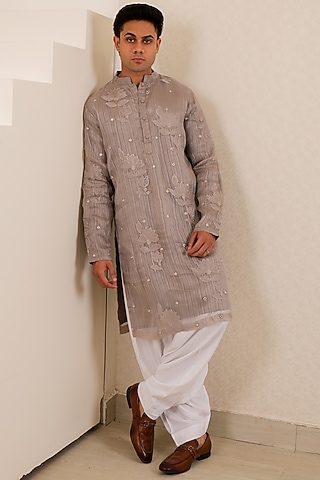 Grey Pure Chanderi Machine Embroidered Kurta Set by Menero