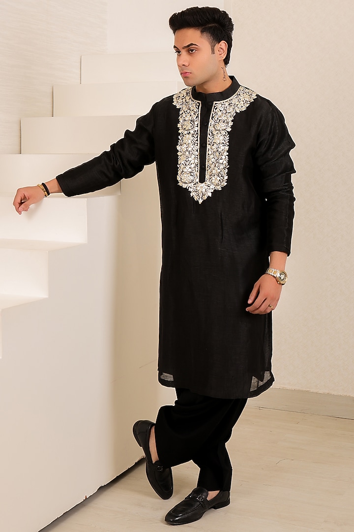 Black Chanderi Silk Gota Patti Work Kurta Set by Menero at Pernia's Pop Up Shop