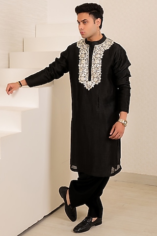 Black Chanderi Silk Gota Patti Work Kurta Set by Menero
