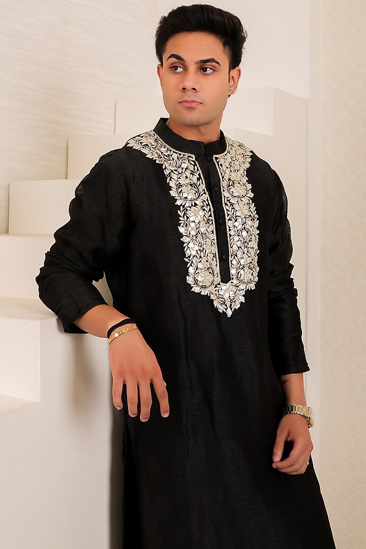 Black Chanderi Silk Gota Patti Work Kurta Set by Menero at Pernia's Pop Up Shop