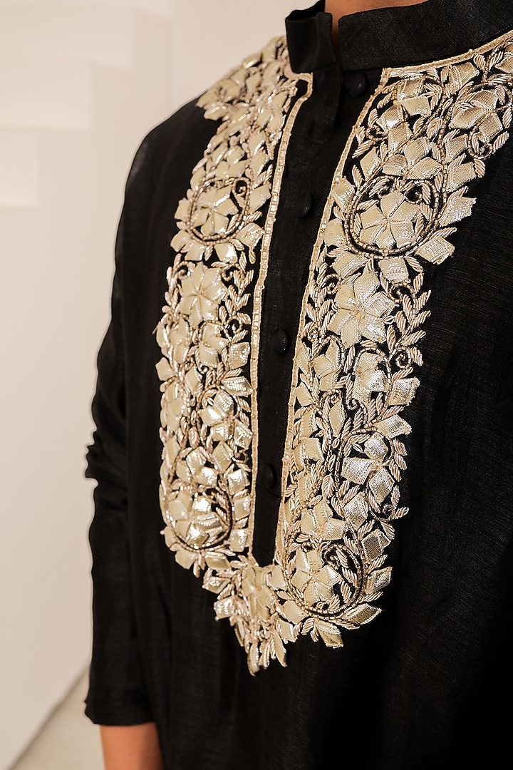 Black Chanderi Silk Gota Patti Work Kurta Set by Menero at Pernia's Pop Up Shop