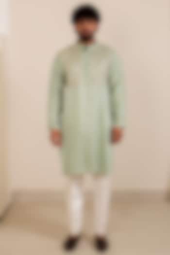 Teal Green Pure Dupion Silk Gota Embroidered Kurta Set by Menero at Pernia's Pop Up Shop