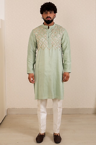 Teal Green Pure Dupion Silk Gota Embroidered Kurta Set by Menero
